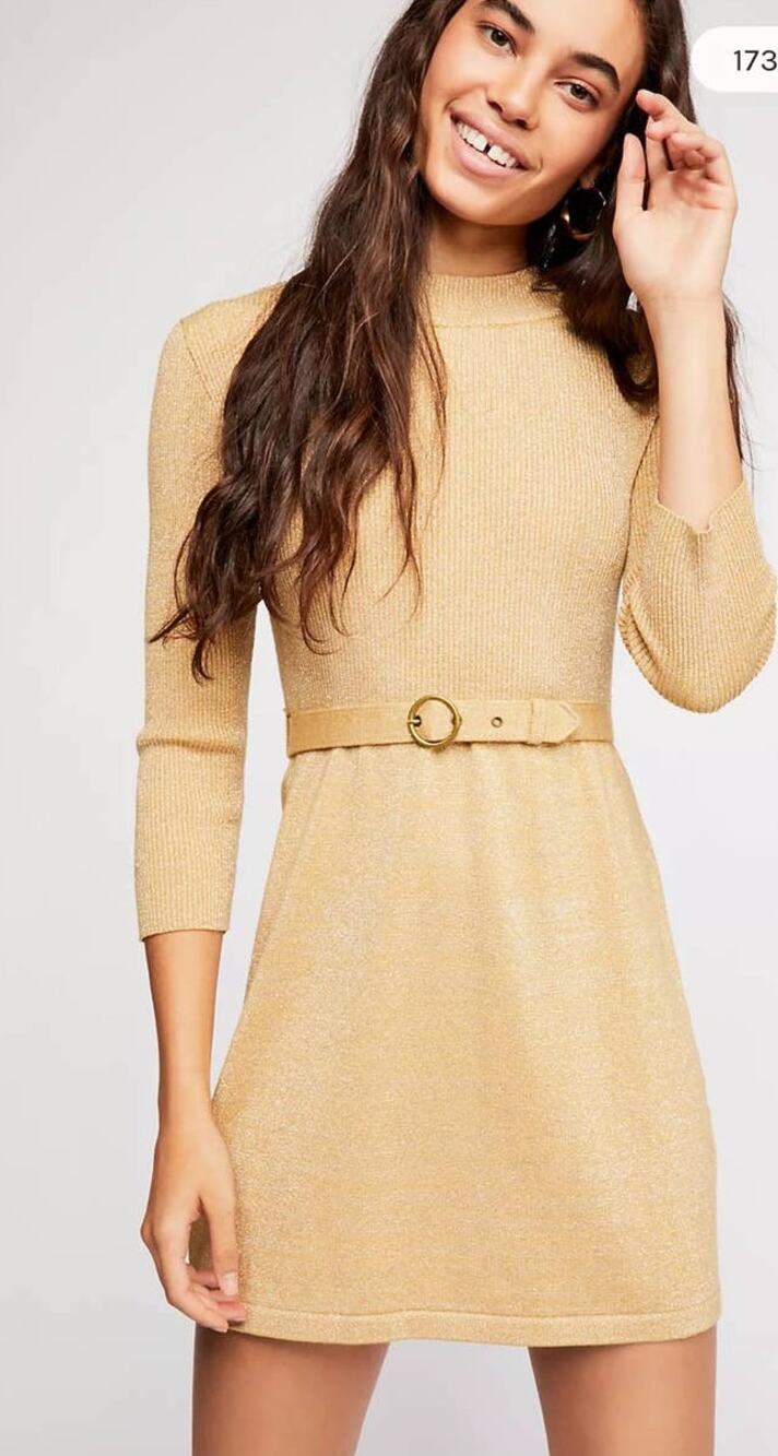 Free People French Girl Gold Metallic Mini Sweater Dress - L
